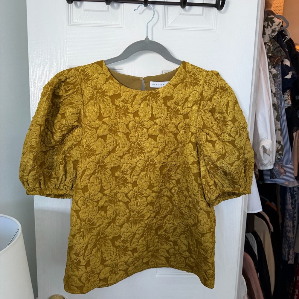 Endless Rose Mustard Yellow Floral Puff-Sleeve Top